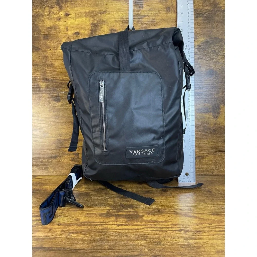 Versace Parfums Black‎ Blue Nylon Roll-Top Backpack Greek Key Straps Promotional